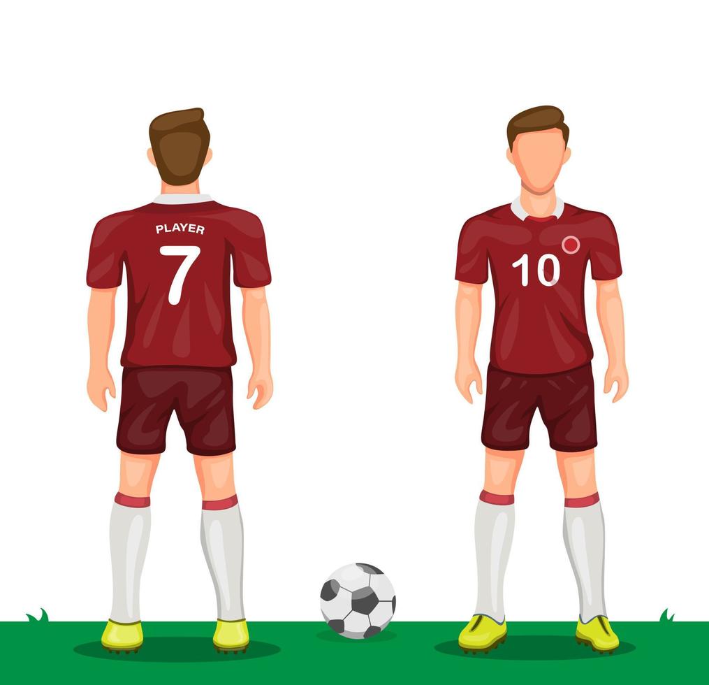 jogador de futebol no ícone de símbolo de uniforme vermelho definido de vista traseira e frontal conceito de camisa de futebol esporte em vetor de ilustração de desenho animado