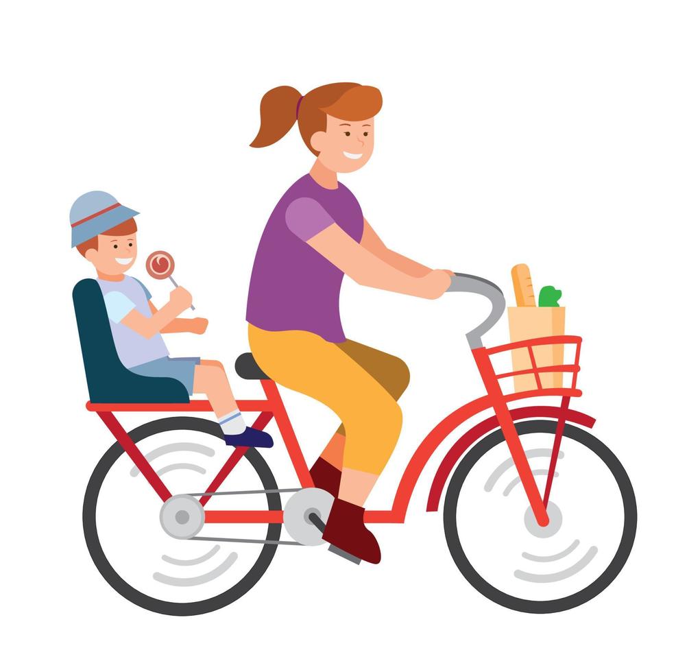 mãe andando de bicicleta com cadeira de bebê e sacola de compras, mulher no bicyle com seu filho indo para a escola ilustração plana vetor