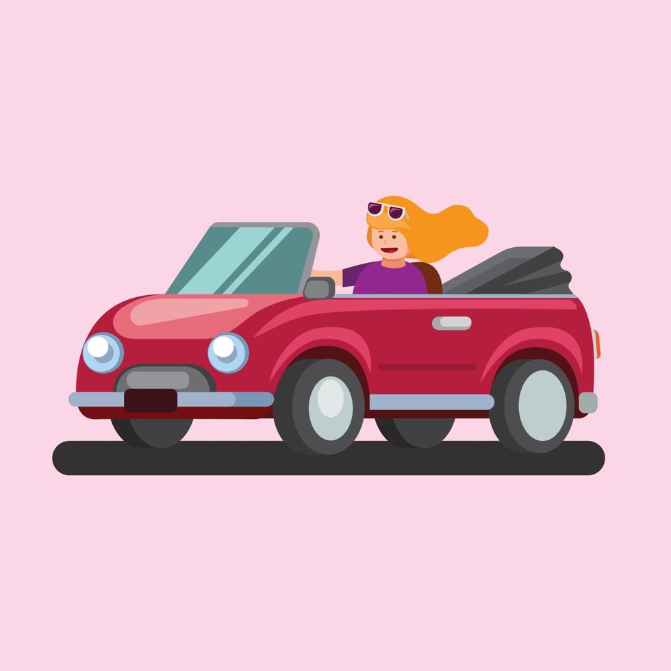 jovem mulher feliz dirigindo conceito de vetor de ilustração plana de carro cabriolet