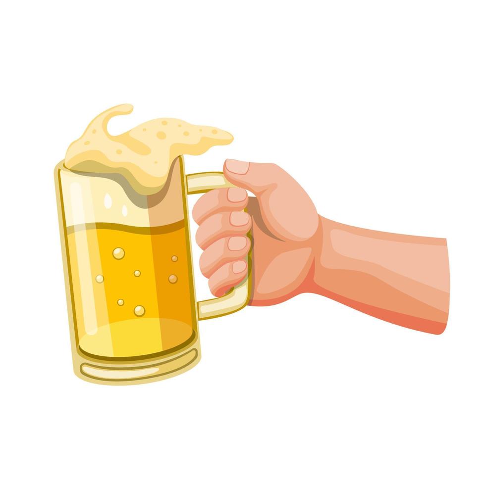 mão segurando cerveja em uma caneca de vidro, símbolo de brinde e torcida em vetor de ilustração de desenho animado isolado no fundo branco