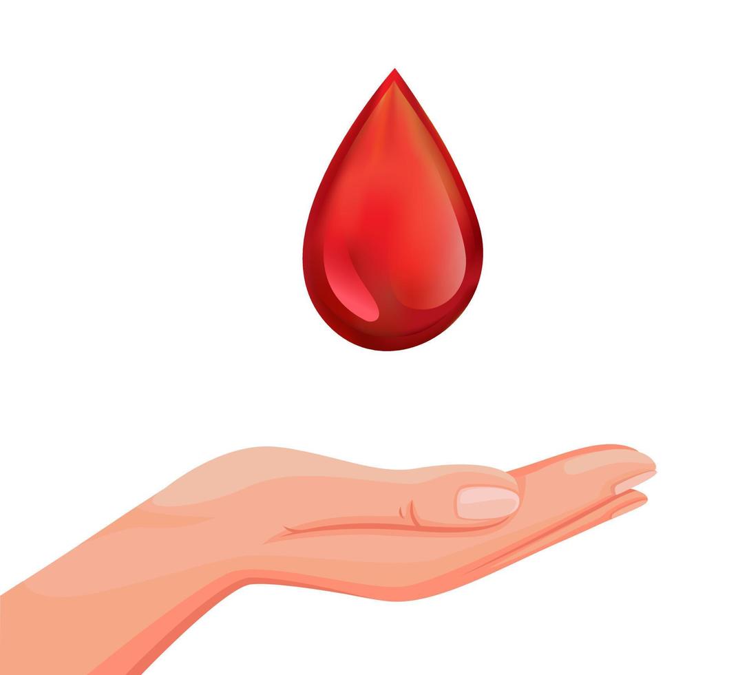 mão com símbolo de gota de sangue para doação de sangue para o conceito de caridade em vetor de ilustração de desenho animado