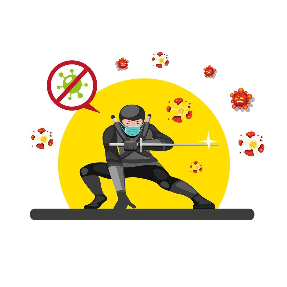 ninja usar máscara destruir vírus de bactérias celulares com espada katana. ninja pose por trás do pôr do sol. em vetor de ilustração plana de desenho animado
