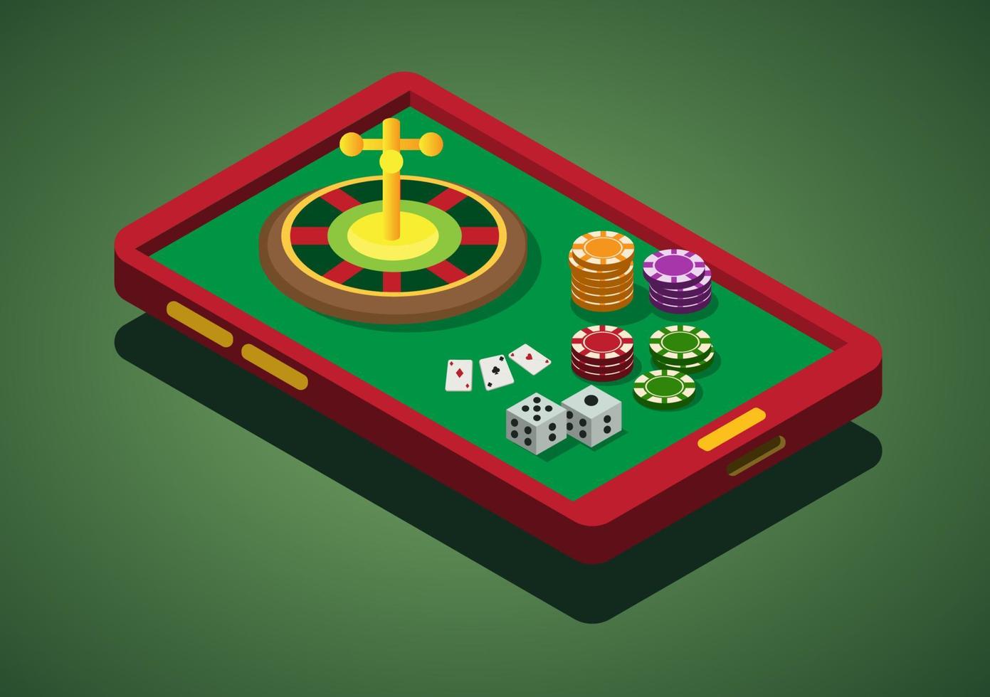 jogo de cassino on-line, smartphone, roleta, apostas, dominó, pôquer, fichas, dados, vetor de ilustração isométrica