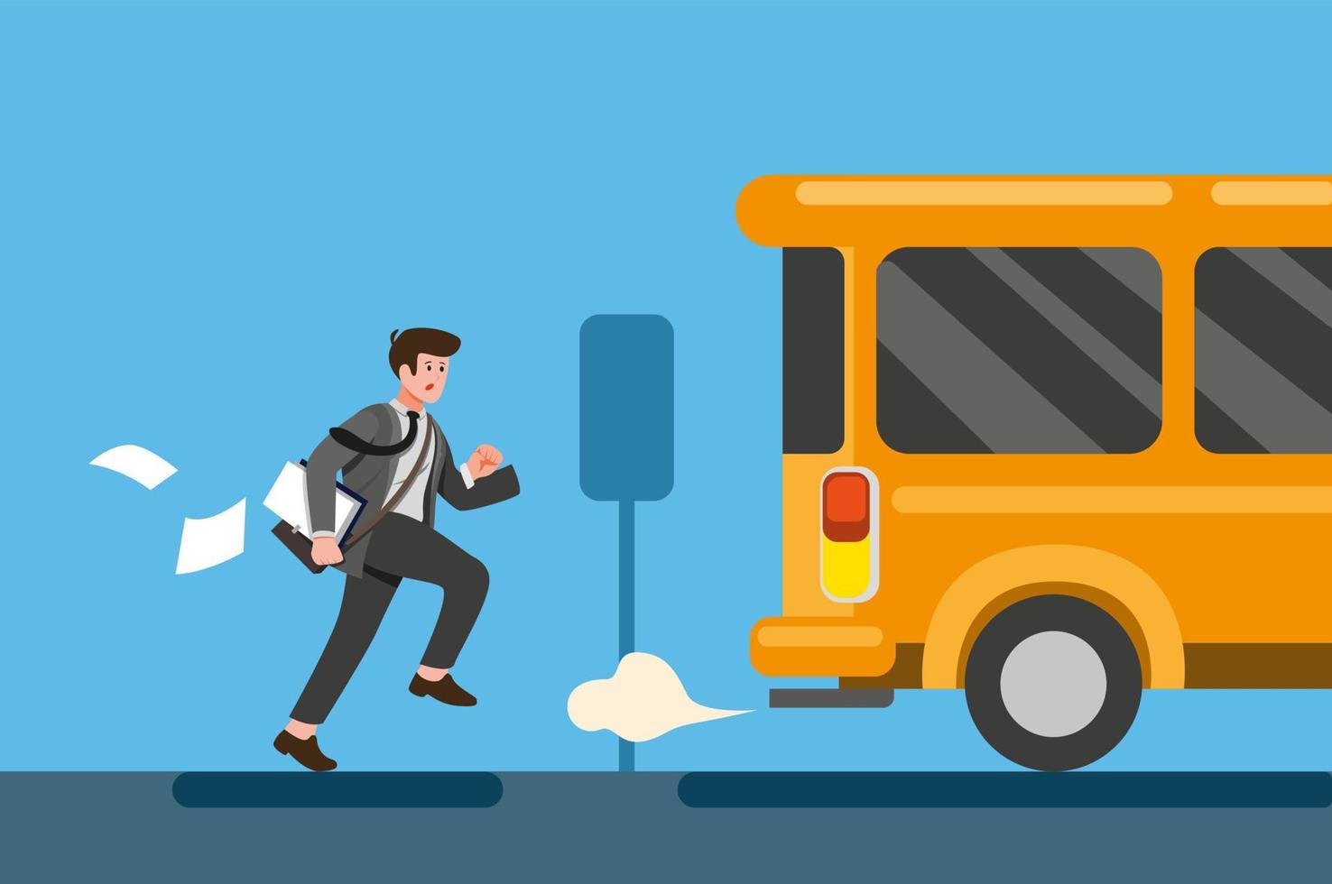 empresário atrasado para o trabalho ou uma reunião. funcionário está correndo atrás do ônibus. vetor de ilustração plana dos desenhos animados