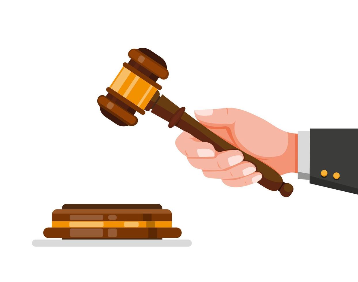 mão segurando o martelo do juiz, símbolo do martelo de madeira para a lei e a justiça em vetor de ilustração plana dos desenhos animados isolado no fundo branco