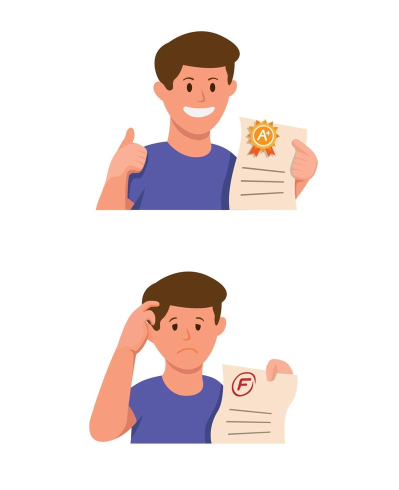 menino estudante segurando o papel do exame com o ícone de resultado de boa e má nota definido em vetor de ilustração de desenho animado isolado no fundo branco