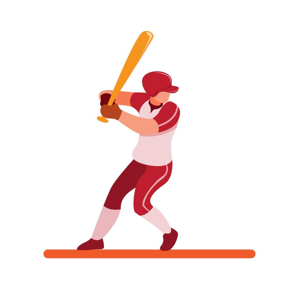 jogador de beisebol pronto para o ataque, batedor de beisebol pose para acertar a bola ilustração plana dos desenhos animados vetor isolada no fundo branco