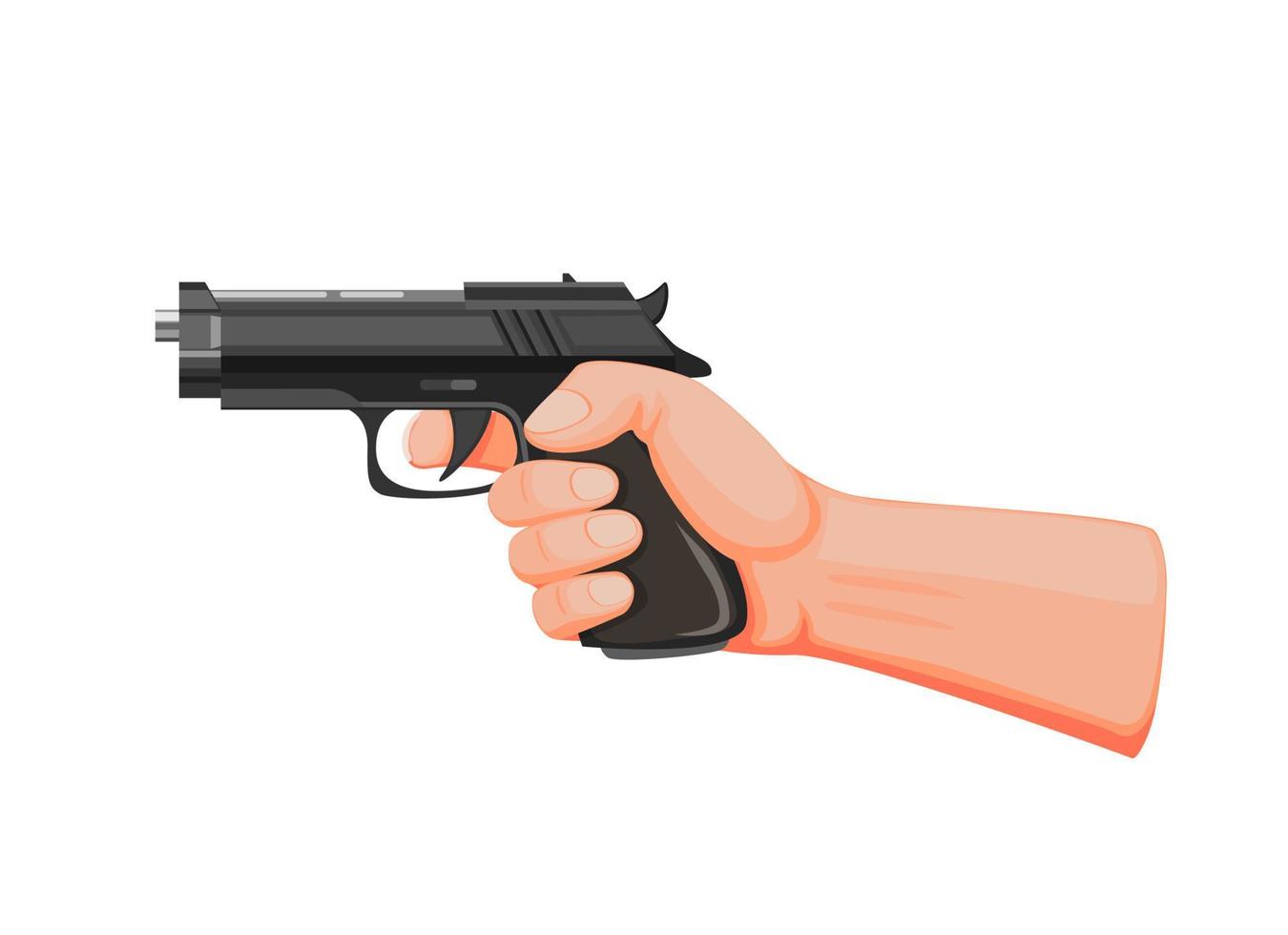 mão segurando a arma com o objetivo pronto para atirar. pistola de revólver em vetor de ilustração de desenho animado em fundo branco