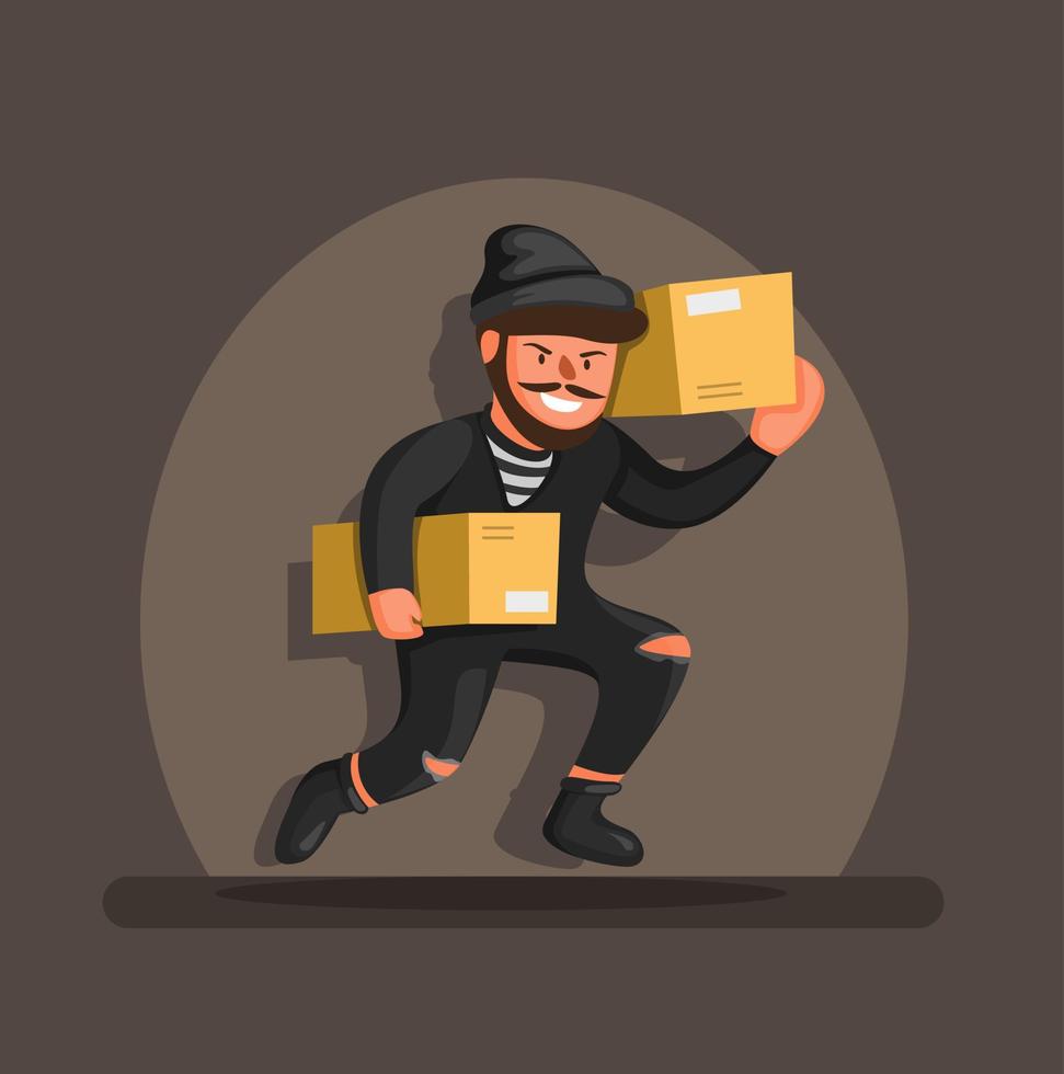 ladrão executando embalagem de caixa de transporte em destaque, conceito de personagem de símbolo de prevenção de roubo de pacote de loja online em vetor de ilustração de desenho animado
