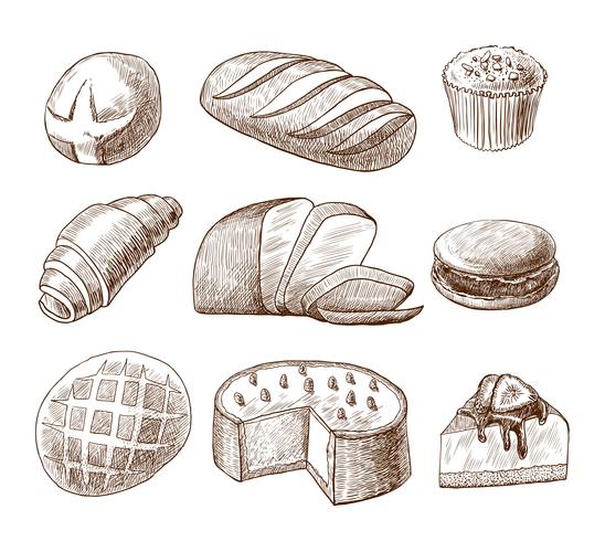 Conjunto de ícones decorativos de pastelaria e pão vetor