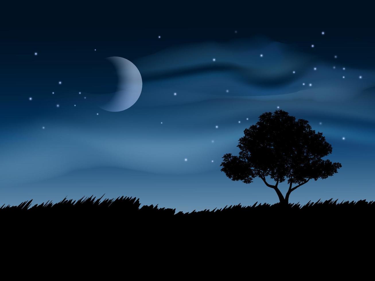 bela paisagem noturna com árvore, lua e nuvens vetor