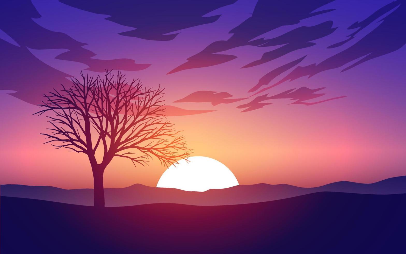 paisagem ao nascer ou pôr do sol com a silhueta de uma árvore solitária vetor