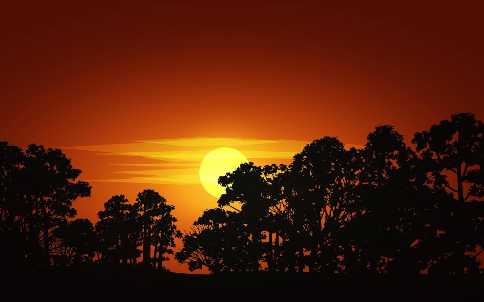 ilustração dramática do sol da floresta. silhueta da árvore do pôr do sol vetor