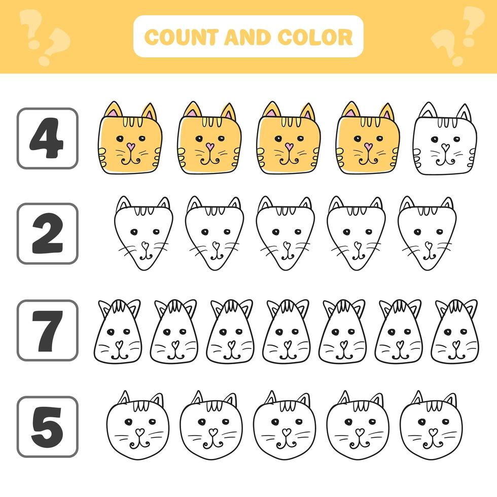jogo de contagem e cor para crianças em idade pré-escolar - gatos bonitos. planilha para crianças vetor