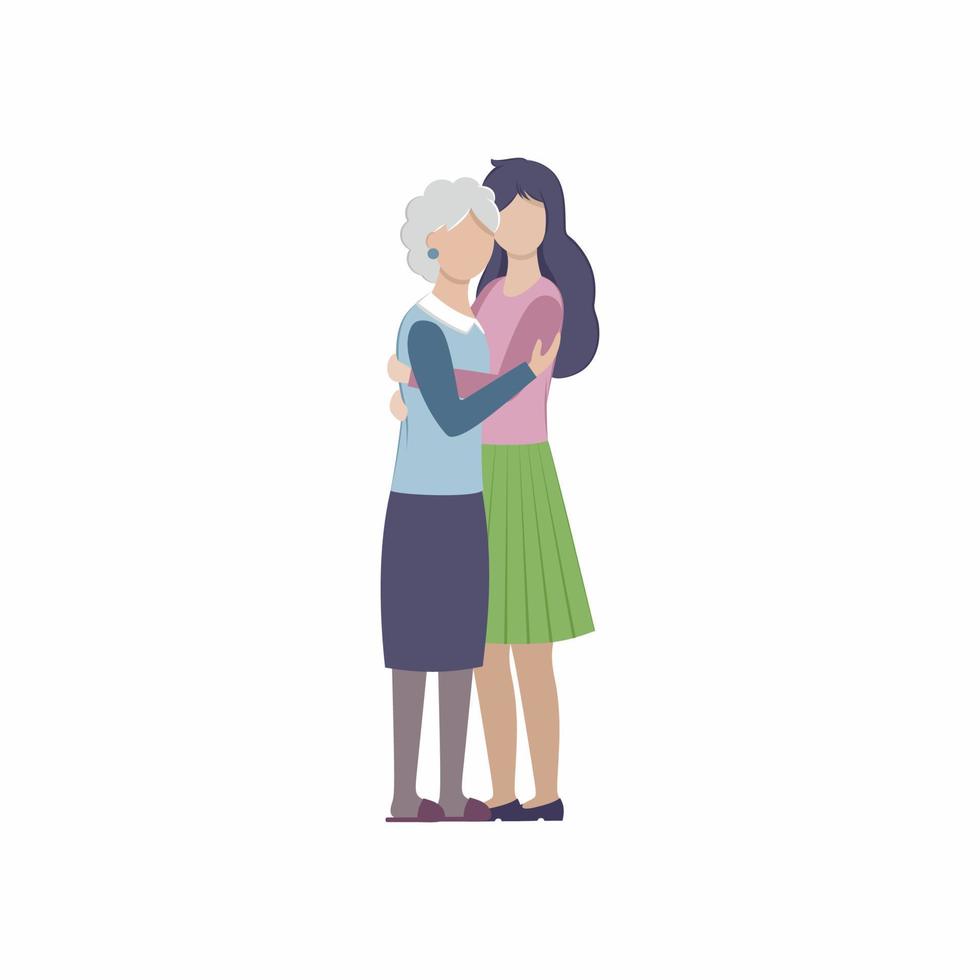 uma filha adulta abraça sua mãe idosa. mãe e filho, avó e neta. ilustração em vetor plana dos desenhos animados. cartão do dia das mães. mulheres jovens e velhas.