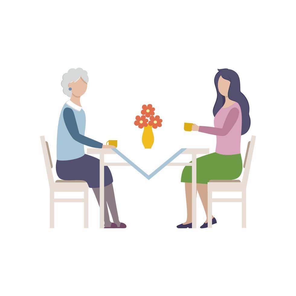 uma jovem e sua mãe idosa, avó, estão sentadas à mesa de jantar da cozinha e bebendo chá. a relação entre os familiares, a mãe e a criança. vetor