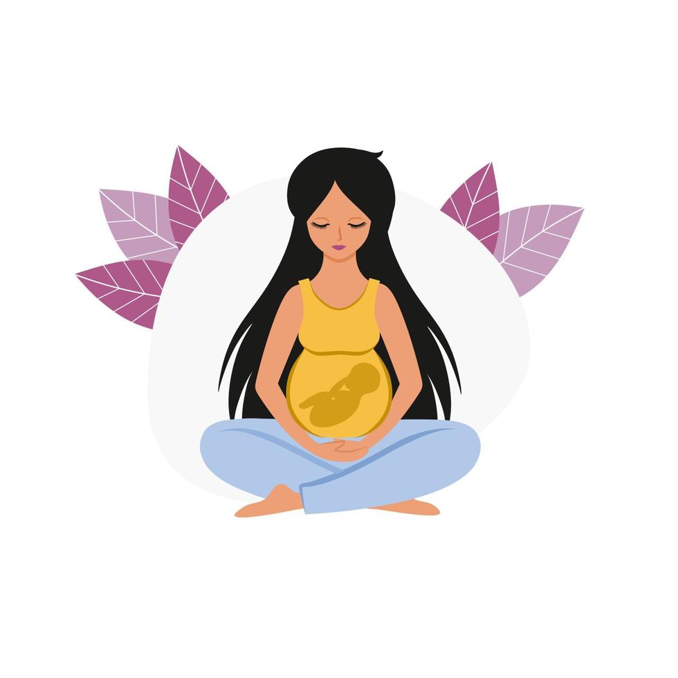 uma mulher grávida senta-se em posição de lótus e relaxa. o bebê é um embrião no estômago. mãe é um bebê recém-nascido. gravidez, parto, maternidade. ilustração em vetor plana dos desenhos animados.