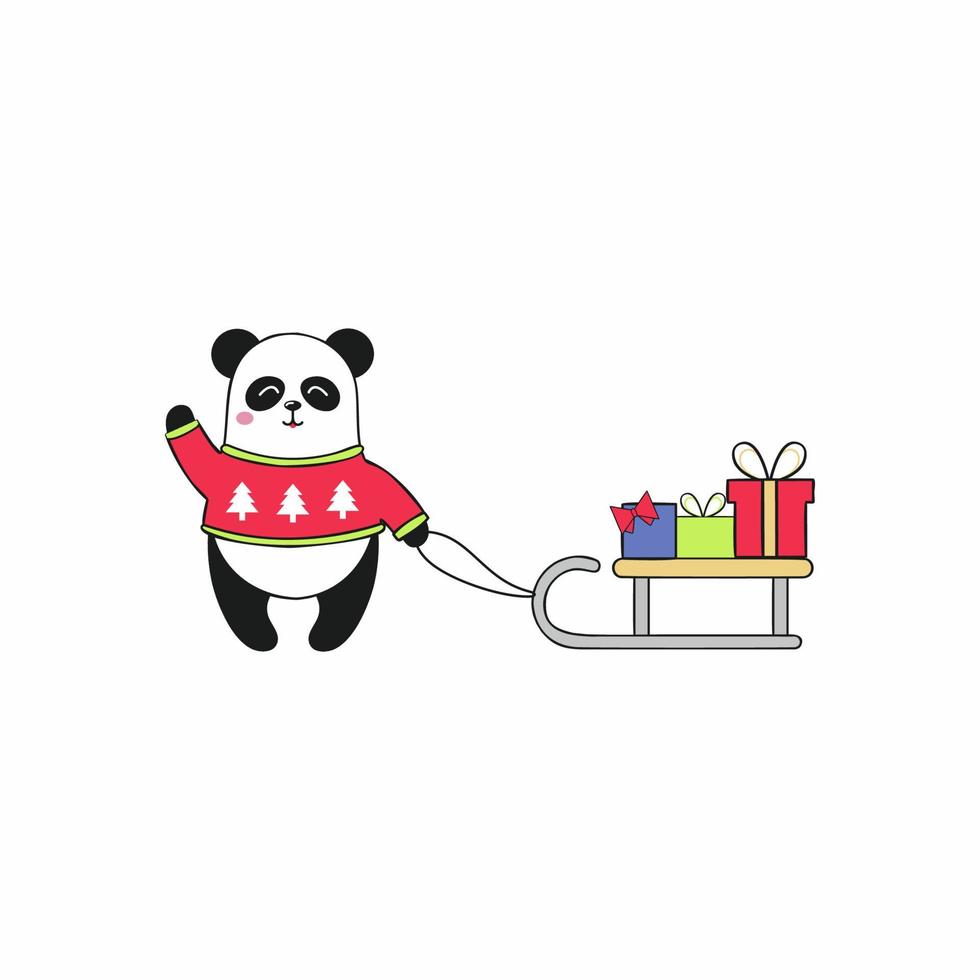 panda bonito em um suéter ao lado do trenó, que são presentes. ilustração em vetor plana dos desenhos animados. panda isolado em um fundo branco. desenho para feriados de natal e ano novo