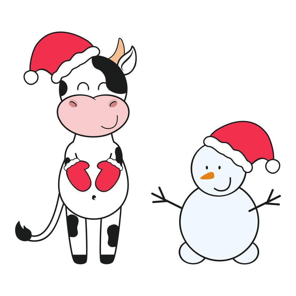um touro bonito com um chapéu de Papai Noel e luvas vermelhas faz um boneco de neve. ano do touro 2021. ilustração para o ano novo e o natal. cartão de férias, elemento de design, saudação. feliz ano novo e natal vetor
