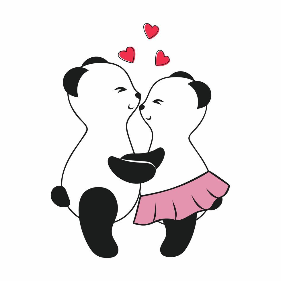 dois pandas fofos se abraçam e se amam. ilustração dos desenhos animados do vetor para o dia dos namorados. desenho de animais engraçados para meninos e meninas. panda em um fundo branco isolado