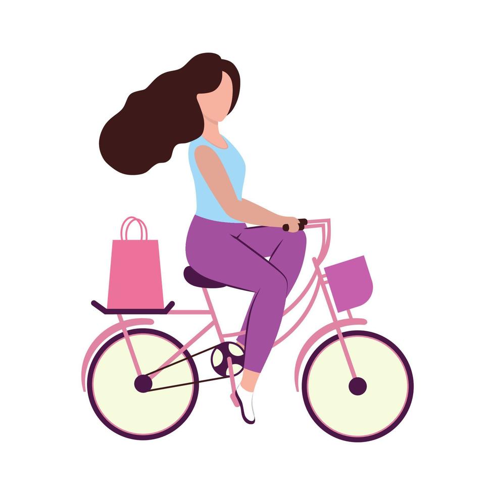 uma bela jovem anda de bicicleta com as compras em uma loja. embalagem com comida e comida. ilustração em vetor plana dos desenhos animados. logotipo de uma loja de esportes, ciclismo ou academia.