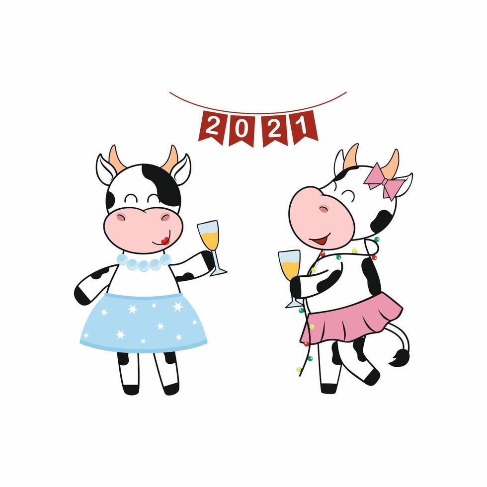 duas vacas engraçadas comemoram o ano novo no fundo de um sinal com bandeiras 2021. touro bebe champanhe. o símbolo do ano novo de acordo com o horóscopo chinês. ilustração dos desenhos animados do vetor. vetor