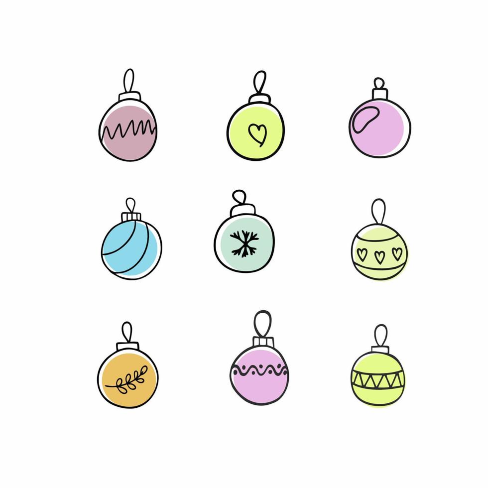 um conjunto de brilhantes bolas de natal, decorações e brinquedos para o ano novo de 2021 e o natal. atributos e símbolos do feriado de ano novo, festa divertida. ilustração em vetor doodle multicolorido.