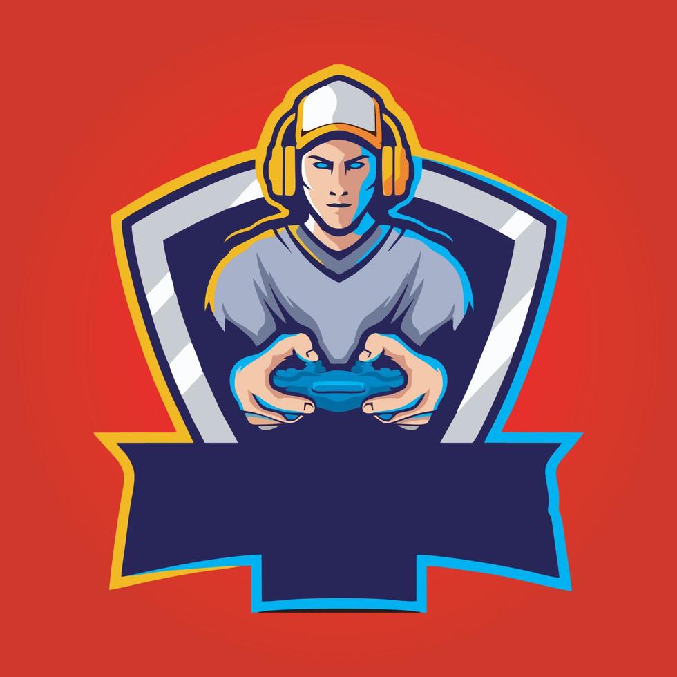 vetor de design de logotipo de mascote gamer, ilustração de gamer para a equipe de esporte. estilo de conceito de ilustrador moderno para crachá