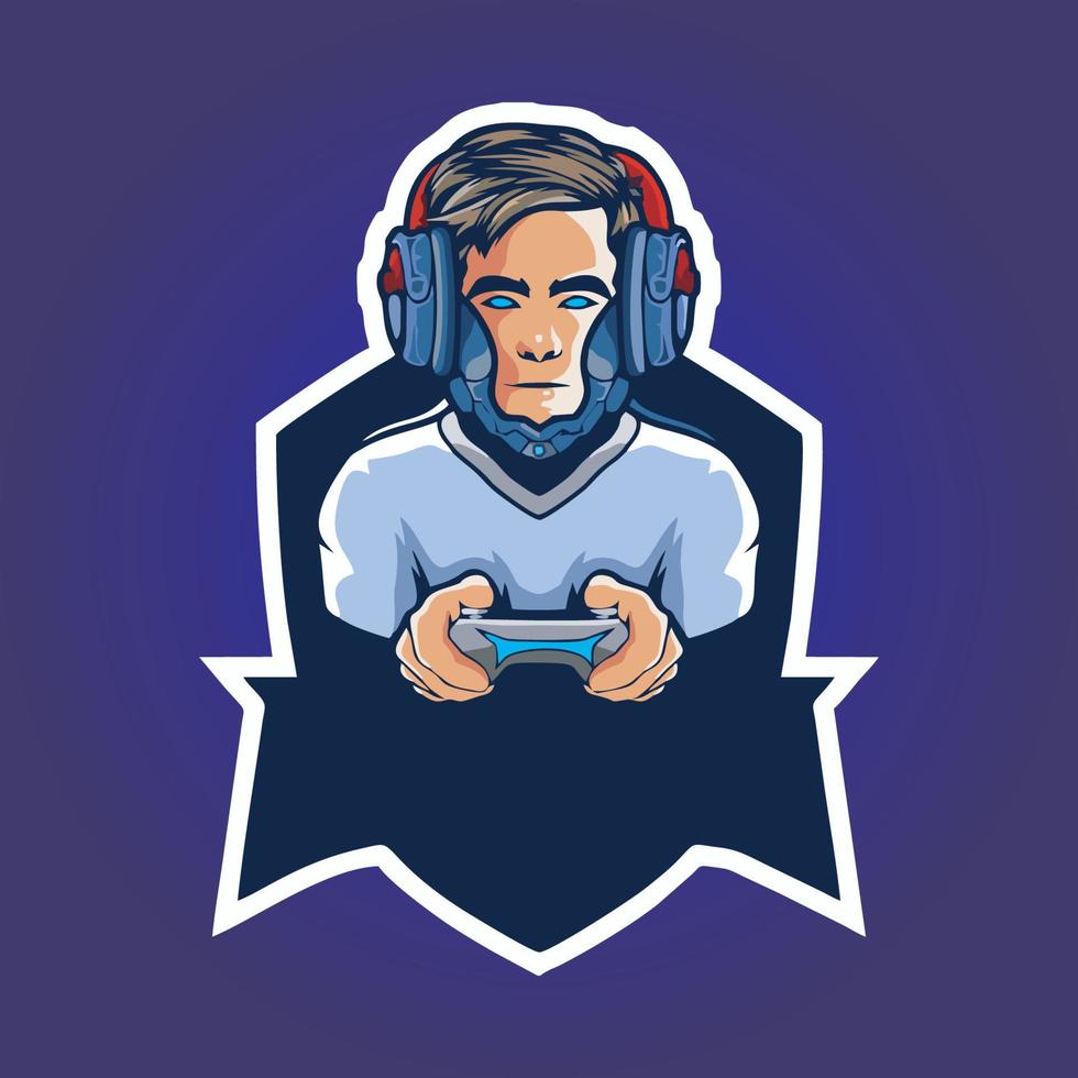 vetor de design de logotipo de mascote gamer, ilustração de gamer para a equipe de esporte. estilo de conceito de ilustrador moderno para crachá