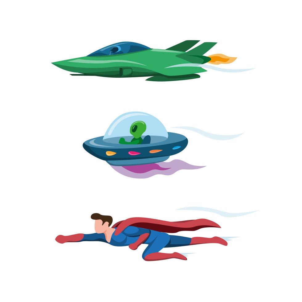 avião a jato, ufo e super-herói voando rápido ícone de coleção definido em vetor de ilustração plana dos desenhos animados, isolado no fundo branco