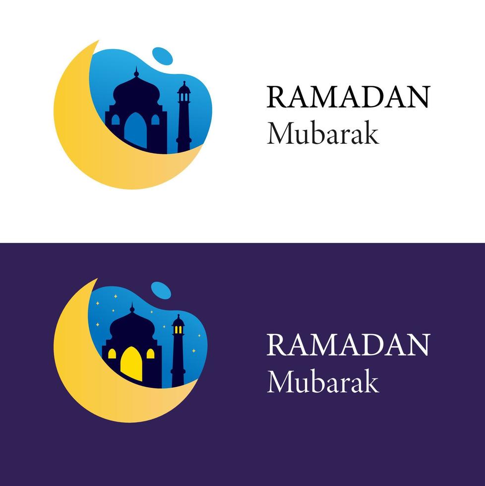 logotipo do ramadan mubarak com o símbolo da lua e da mesquita para saudação e celebração em evento islâmico adequado para cartão de visita, panfleto, banner ou etc. vetor