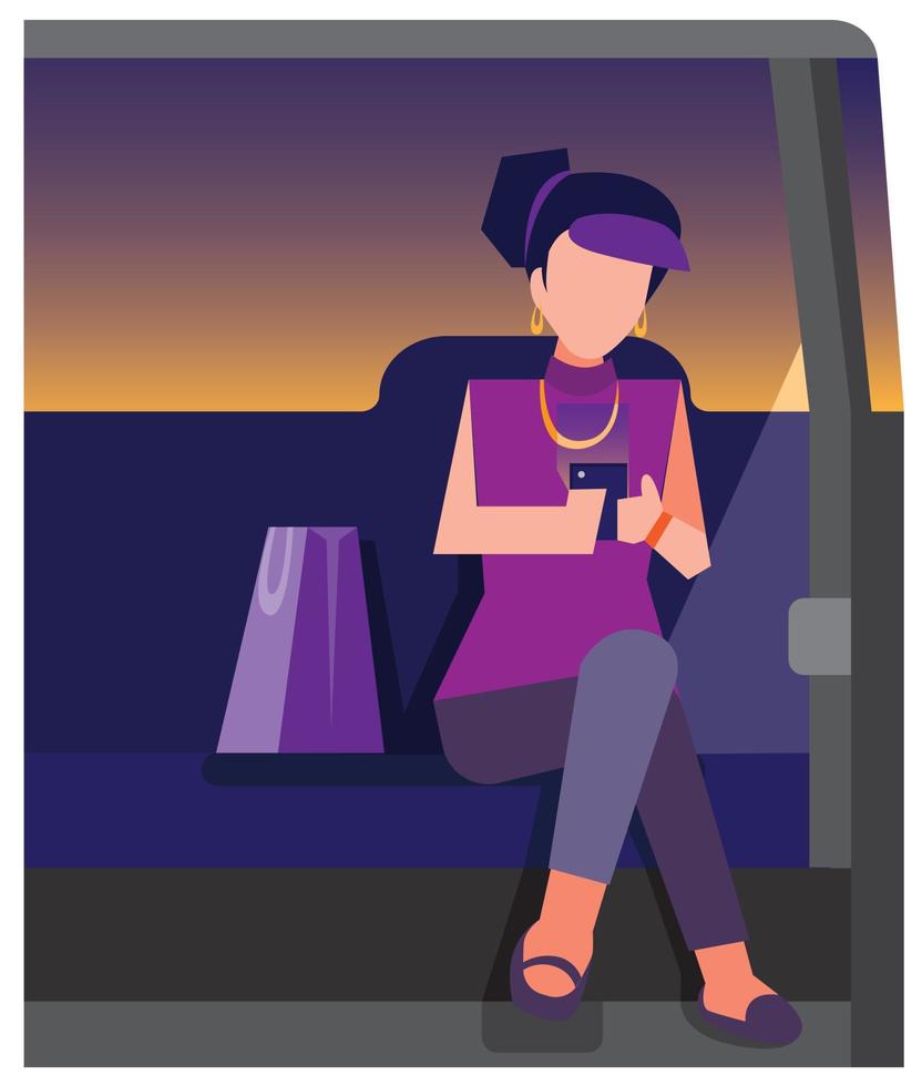 Mulher usa smartphone no banco do passageiro do carro, bate-papo e mídia social, app, pessoas, estilo de vida, ilustração de cena em vetor editável de estilo simples