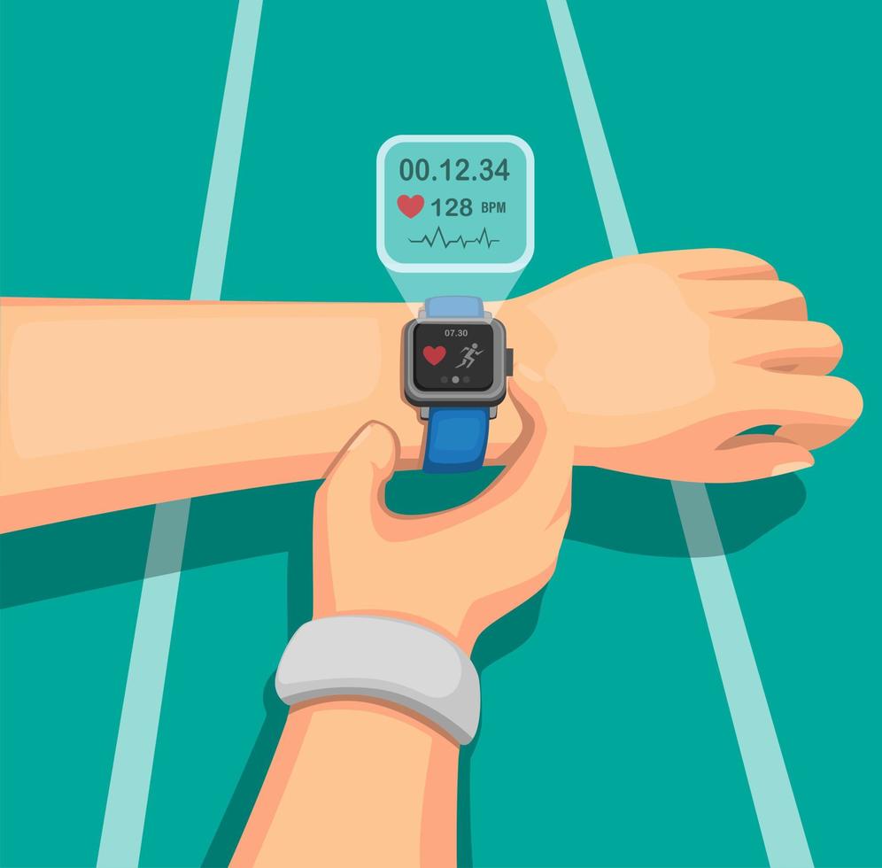 pessoas correndo na pista de corrida com smartwatch de desgaste, equipamento de esporte com informações de saúde no dispositivo móvel. conceito em vetor de ilustração de desenho animado