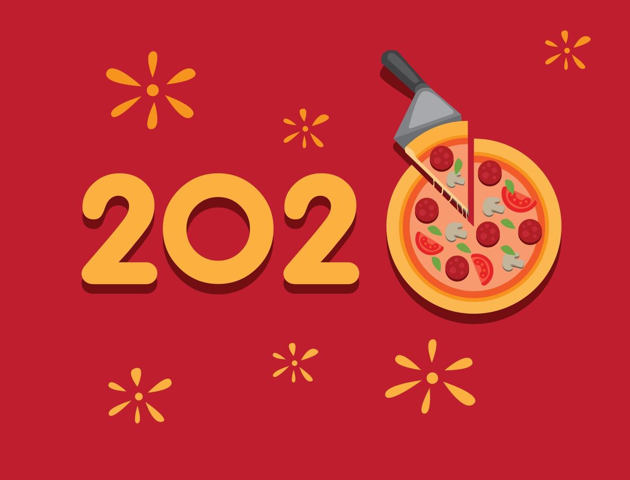 Inscrições de saudação de ano novo de 2020 em tifografia com enfeite de pizza. em fundo vermelho. vetor editável de ilustração plana