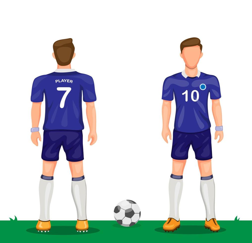 jogador de futebol em ícone de símbolo de uniforme azul definido de vista traseira e frontal conceito de camisa de futebol esporte em vetor de ilustração de desenho animado