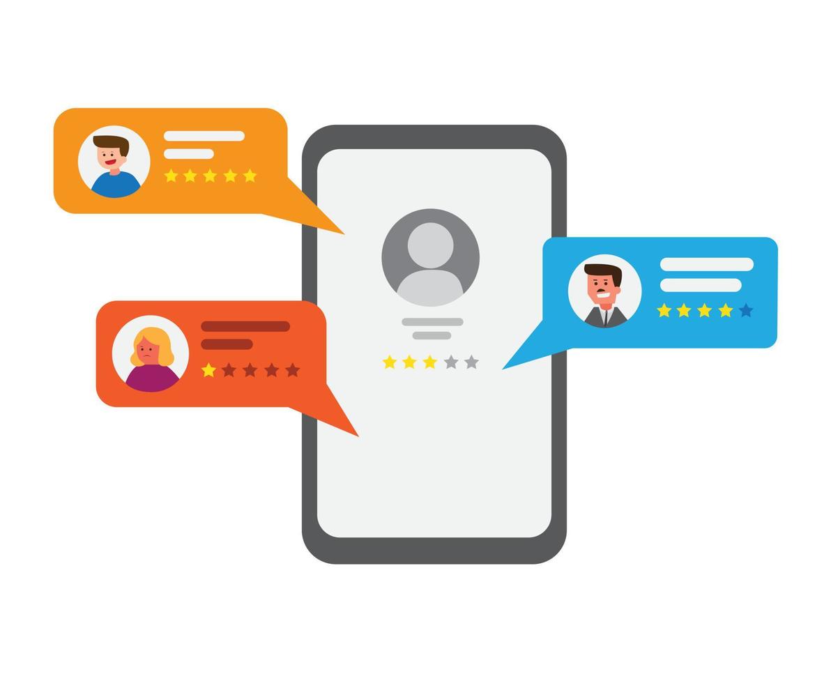feedback e avaliação da avaliação do cliente no aplicativo on-line para smartphone em vetor de ilustração plana