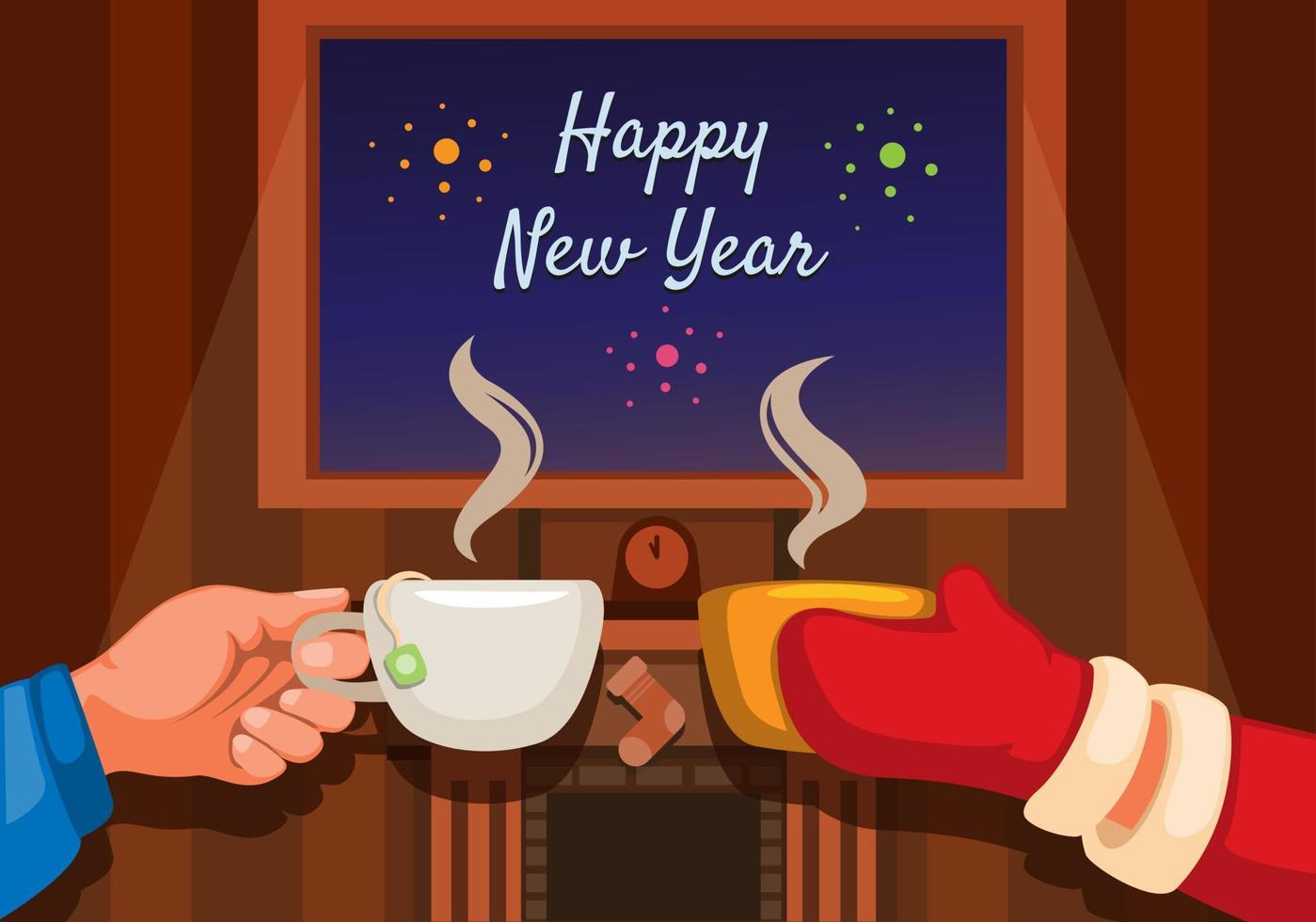 Feliz ano novo, comemoração de saudação com bebida café e chá ilustração dos desenhos animados vecto vetor