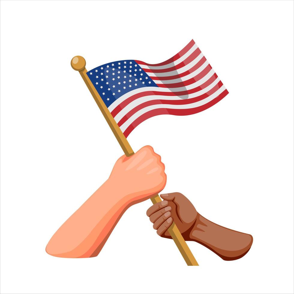 símbolo de unidade de diversidade de pessoas com a mão segurando a bandeira americana, conceito de dia da independência americana em vetor de ilustração de desenho animado sobre fundo branco