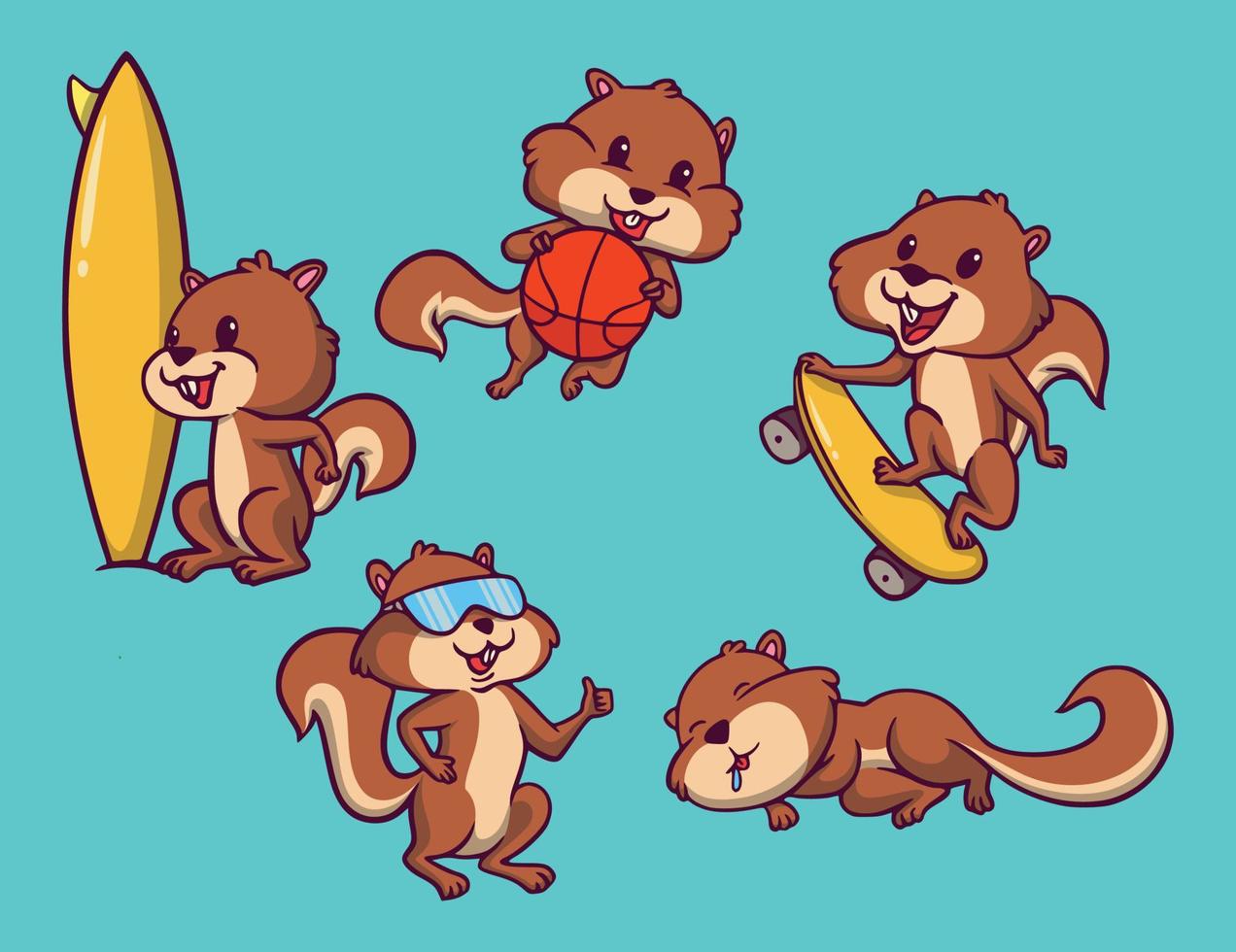 esquilos surfando, esquilos de basquete, esquilos de skate, esquilos legais e esquilos dormindo pacote de ilustração de mascote de logotipo de animal vetor