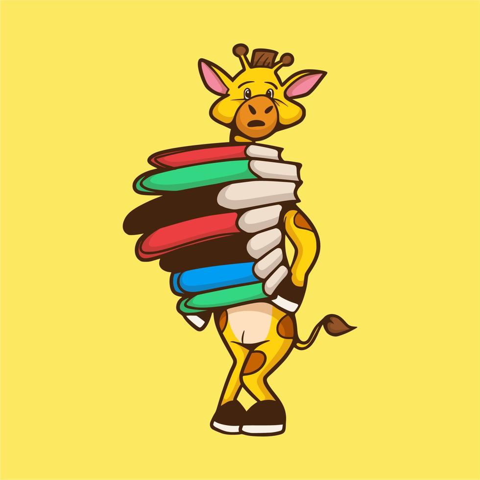 desenho animado animal design girafa carregando uma pilha de livros logotipo bonito do mascote vetor