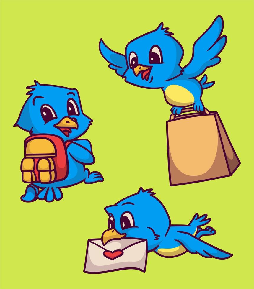 desenho animado animal design pássaro usa uma sacola, voa com uma sacola de compras e morde o envelope em sua boca ilustração fofa do mascote vetor