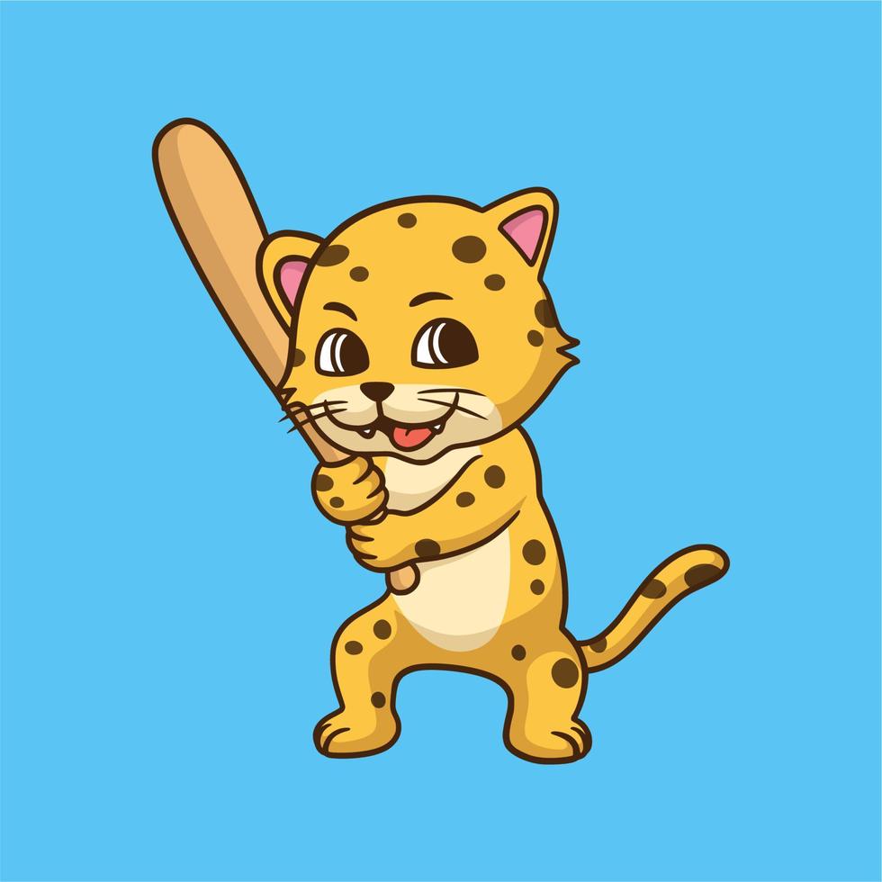 desenho animado animal design logo leopardo jogando beisebol mascote fofo vetor
