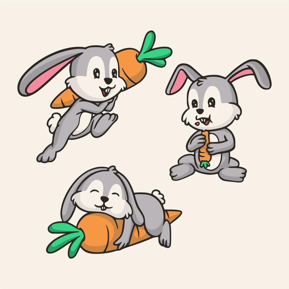 desenho animado animal design coelho carregando cenouras, comendo cenouras e dormindo bonito mascote ilustração vetor
