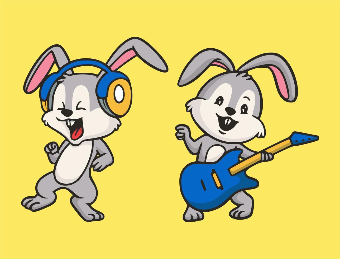 desenho animado animal design coelho ouve música e toca guitarra ilustração do mascote fofo vetor