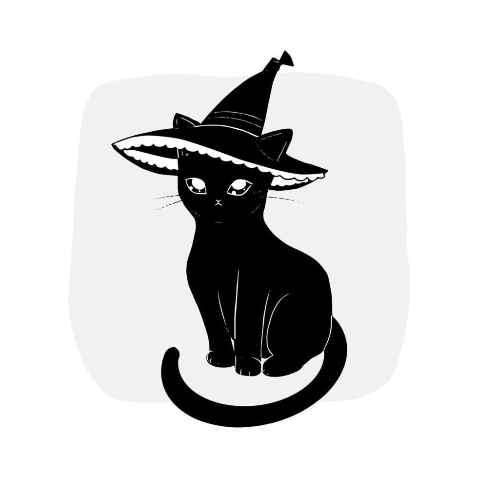 ilustração de um gato mágico preto fofo e isolado com chapéu de bruxa vetor