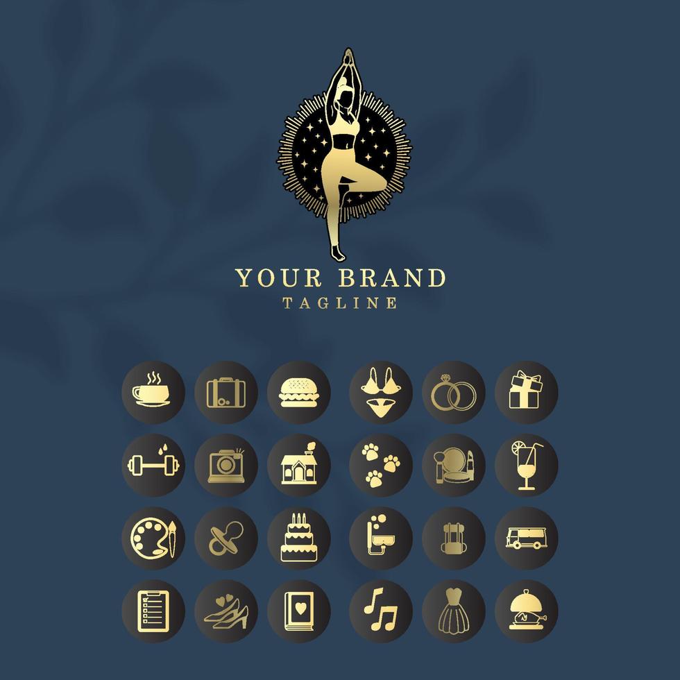 ícone de logotipo feminino elegante de ouro e luxo definido para mídia social e loja de compras vetor