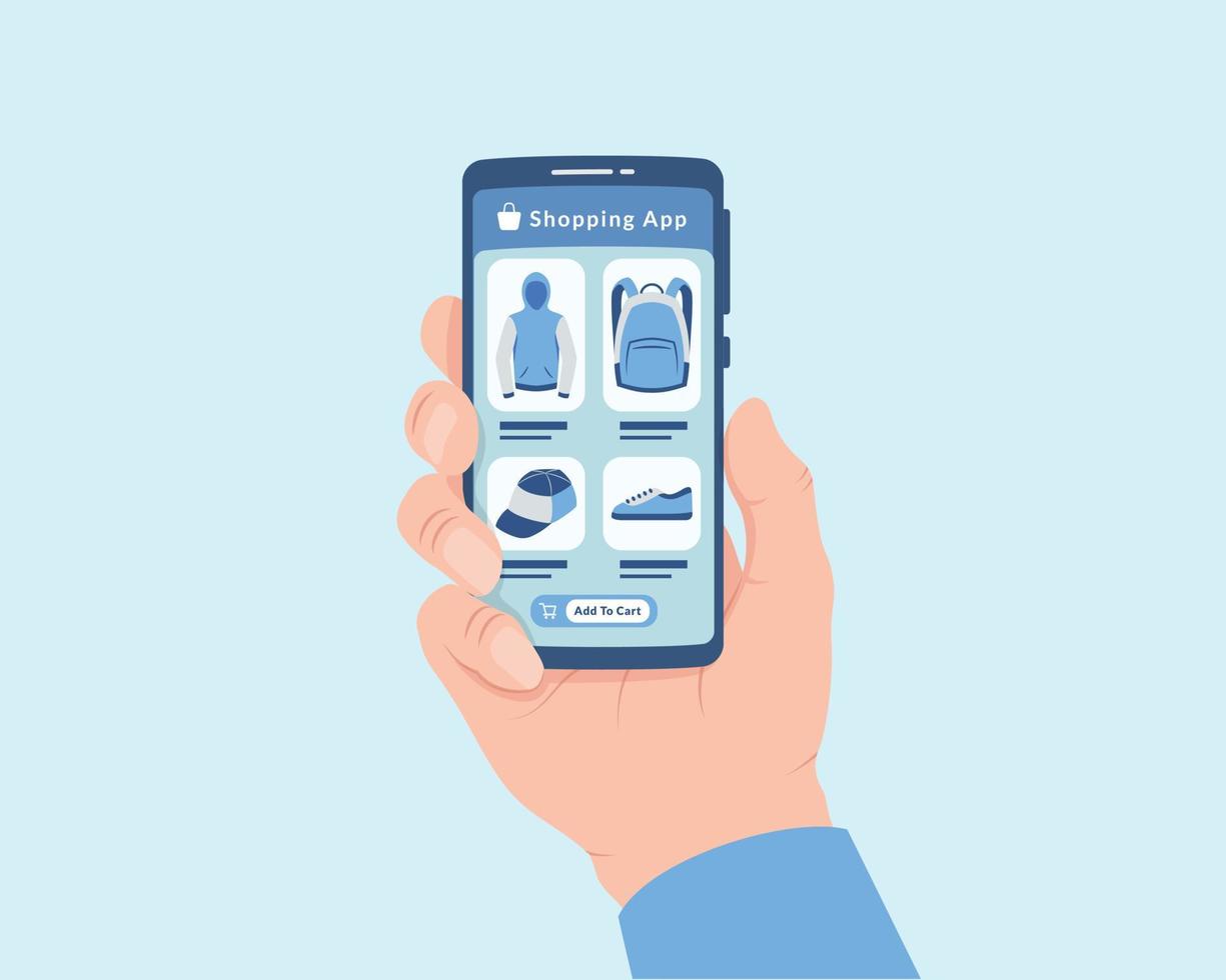 app de compras online com ícone de comércio eletrônico e mão segurando um smartphone vetor