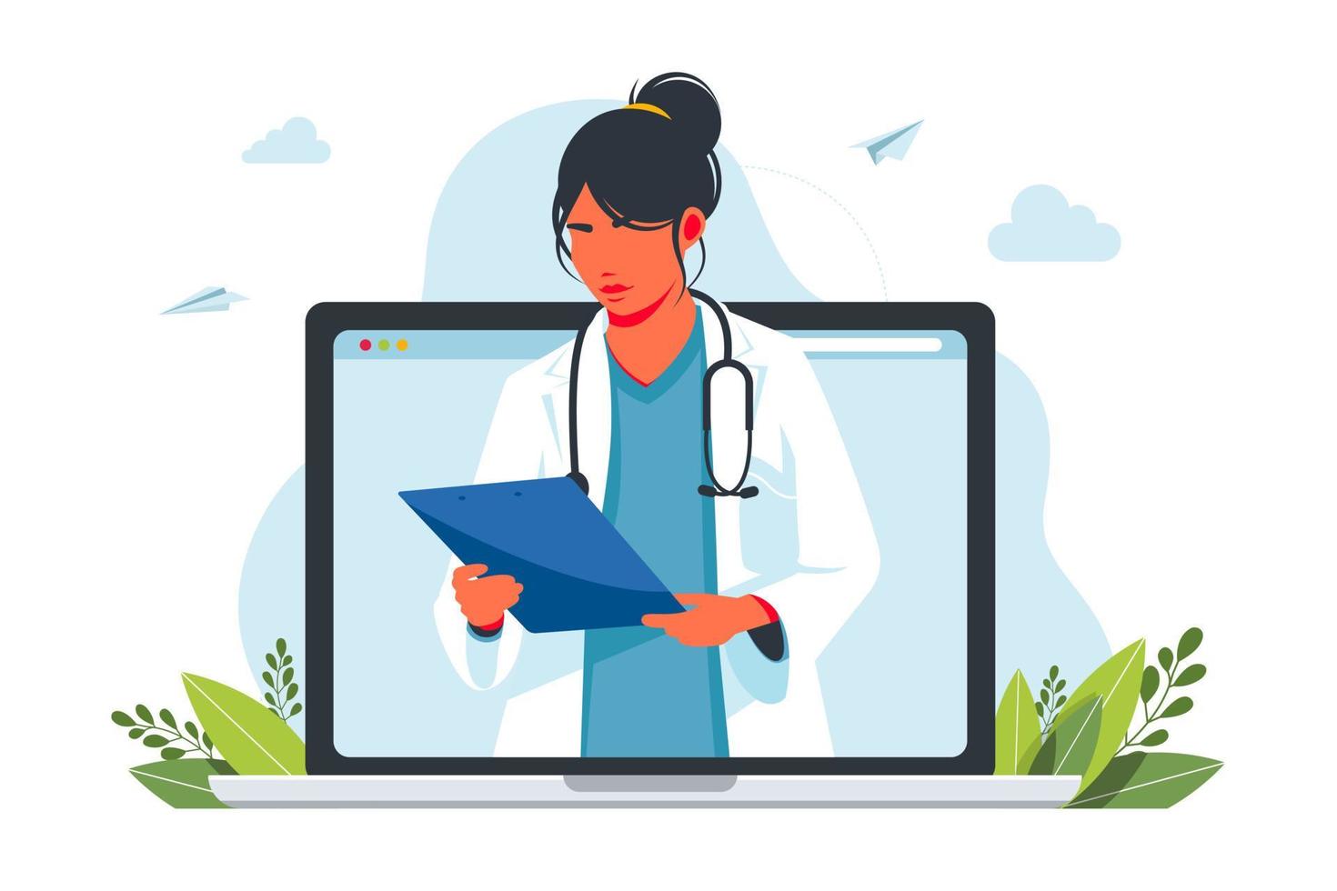 consulta médica on-line do laptop. consulta online de um médico de família. cuidados médicos remotos. ilustração vetorial. telemedicina. serviços de saúde, pergunte a um médico. vetor