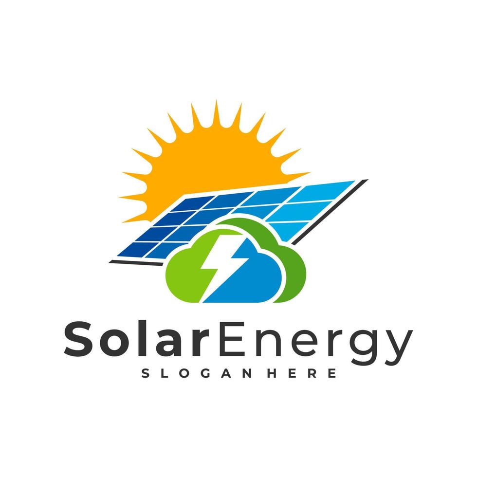 modelo de vetor de logotipo solar em nuvem, conceitos de design de logotipo de energia de painel solar criativo