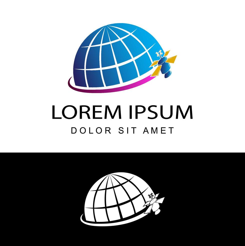 satélite e mundo logotipo modelo design vetor comunicação sistema logotipo em fundo isolado